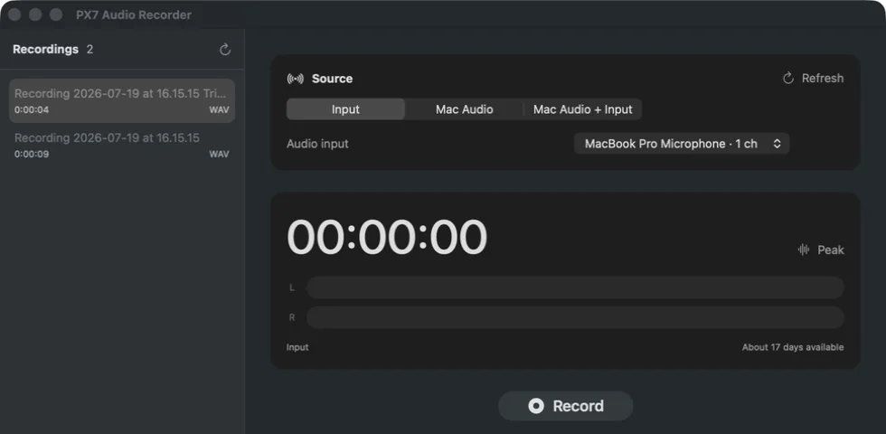 PX7 Audio Recorder showing Input, Mac Audio and combined source choices with stereo meters